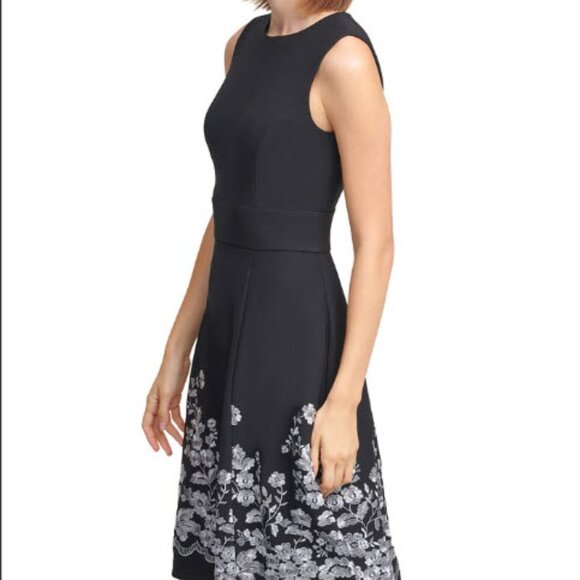 Calvin Klein Fit & Flare: Floral-embroidered Dress, Black/Gold, Size 16 - Picture 2 of 4
